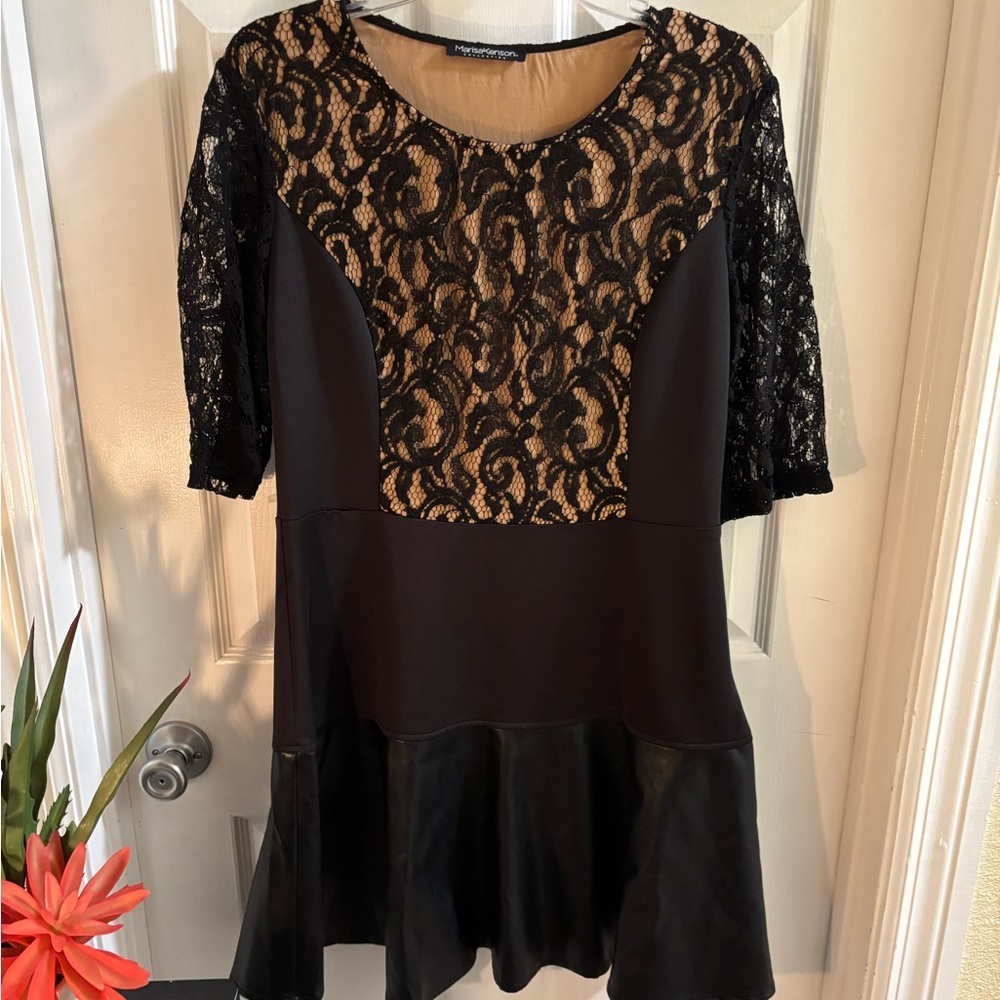 Black Lace and Cream Whimsigoth Dress w/Faux Leather Flared Skirt, size XL